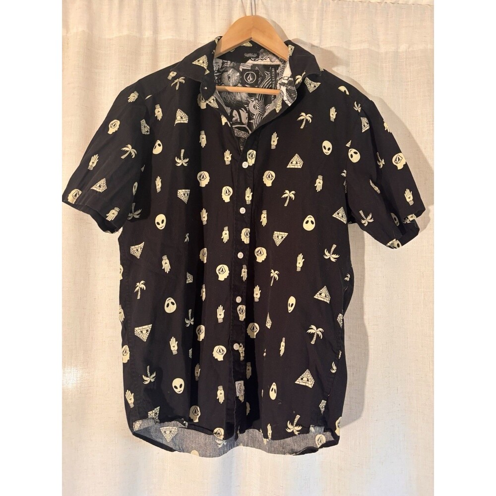 Volcom Black/Cream Weird Punk Shirt, aliens, skulls, neon, pyramids, Size M